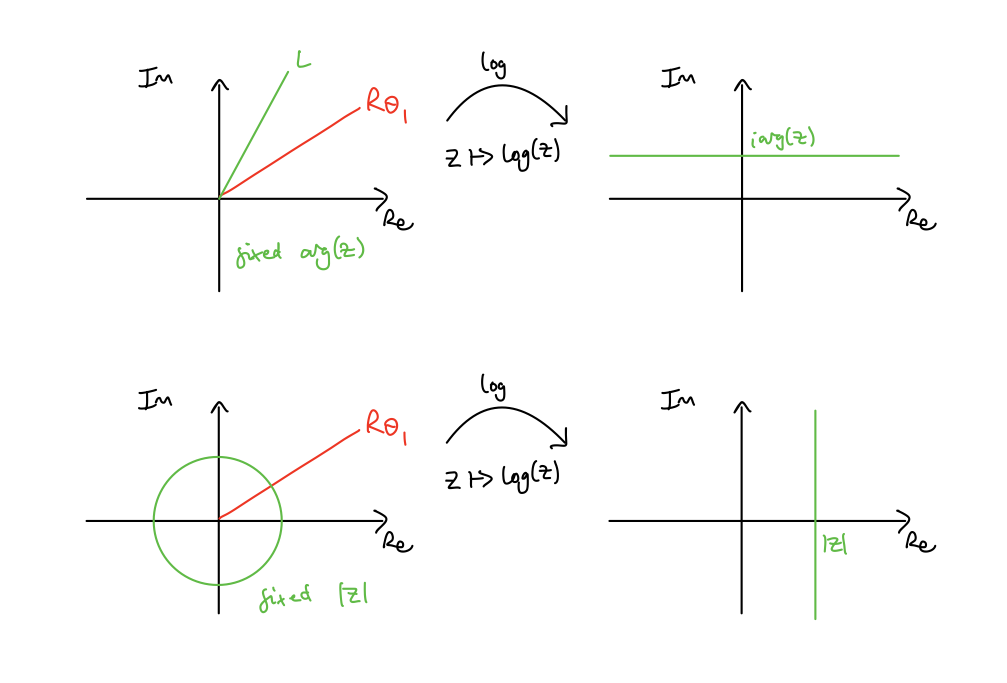 Geometric picture of how f(z)=\log (z) transforms rays and circles.